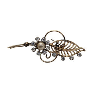 Vintage Van Dell 1/20 12K GF Gold Filled Rhinestone Pearl Leaf Floral Brooch Pin